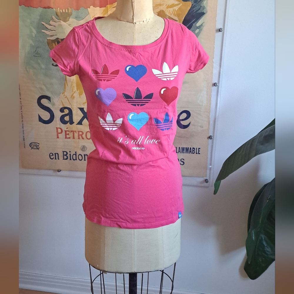 Adidas colorful logo Pink Short Dleeve T-Shirt Tee Top Size Medium